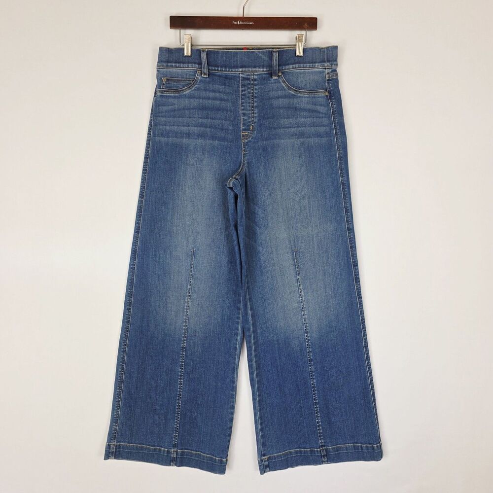 Spanx Wide Leg Jeans XL Seamed Front High Rise Pull On Denim Vintage Indigo